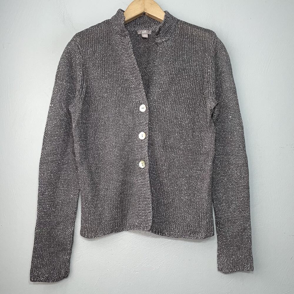 J Jill Cardigan Size Petite Medium Metallic Linen Silver Sweater Classic Glam